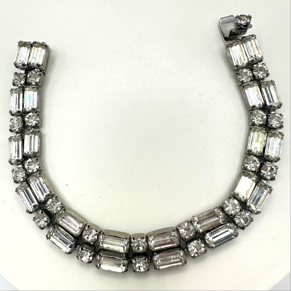 1950s vintage silver tone 2 row clear faceted glass rhinestones tennis bracelet
